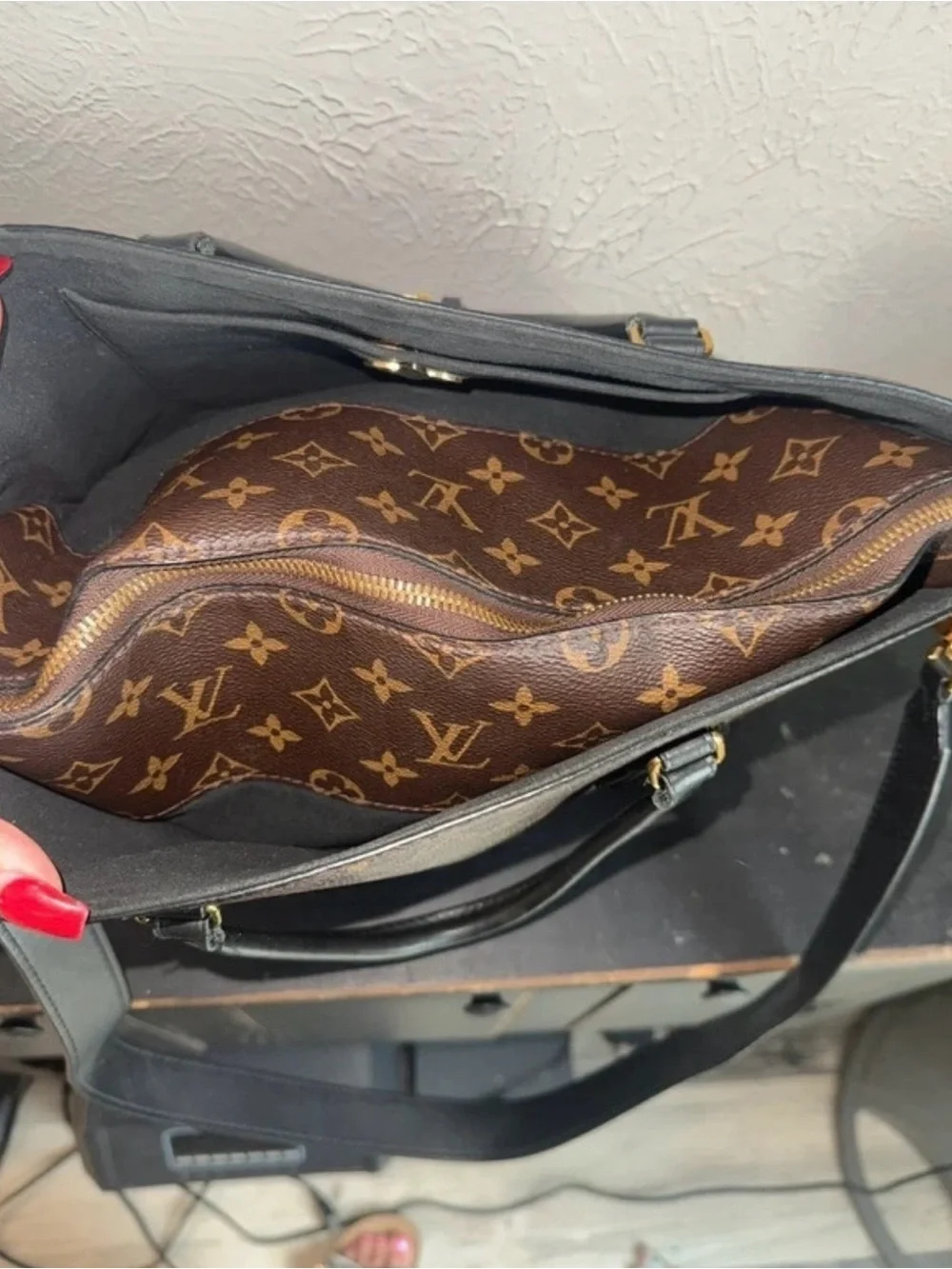Louis Vuitton Monogram Canvas Shoulder Bag with Black Trim and Gold Hardware